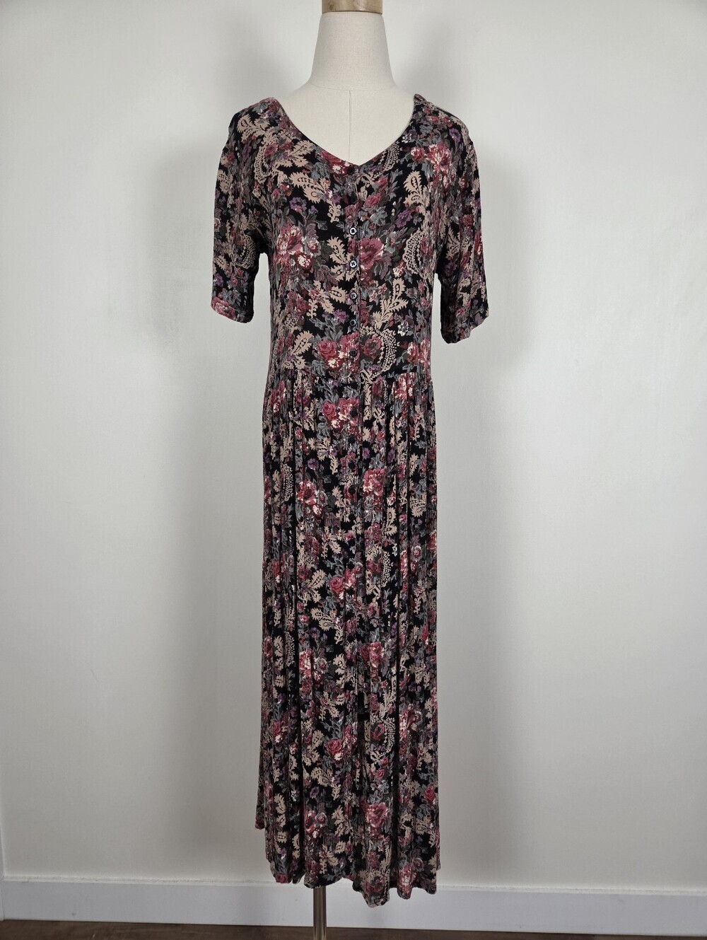 Vintage Floral Rayon Midi Dress Button Up Relaxed Fit Size Medium Boho (r) - Picture 7 of 12